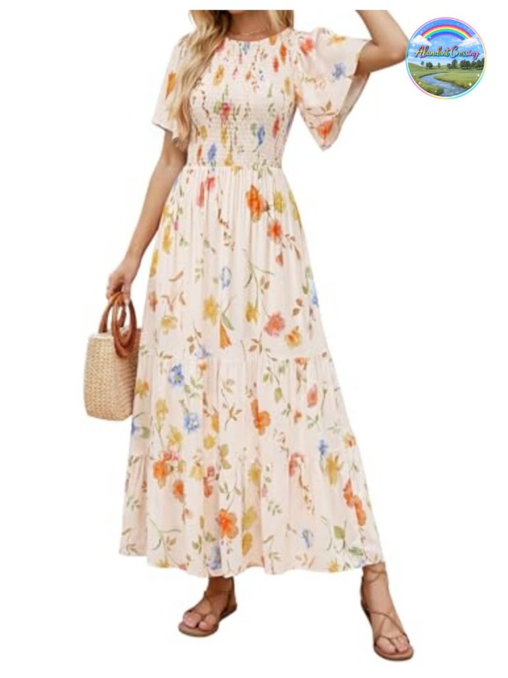 Women's Boho Floral Smocked Short Sleeve Maxi Dress - 100% Rayon, Tiered